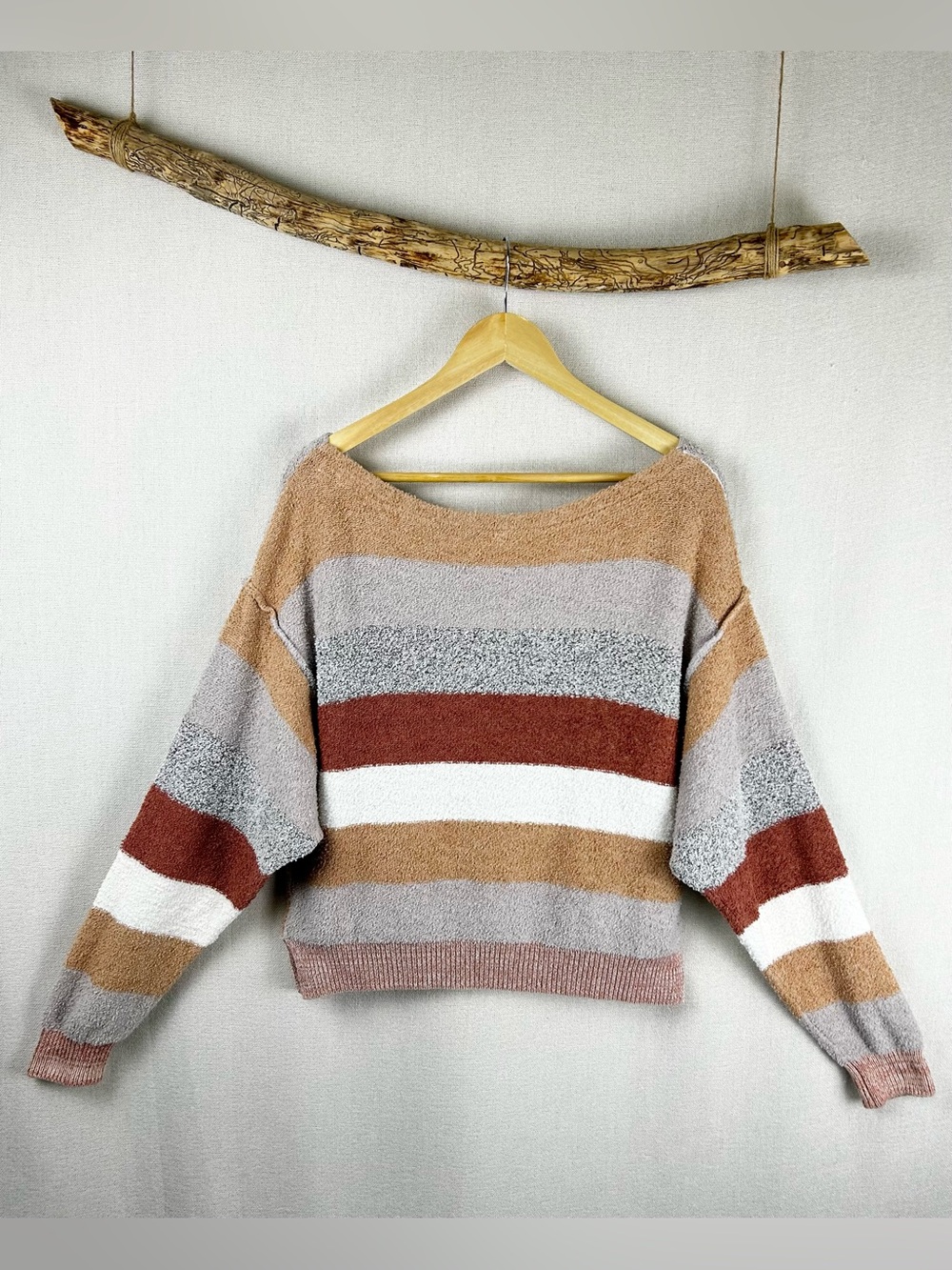 Free People Beach Striped Bouclé Sweater Size Large Oversized Crop Pullover - Picture 3 of 6